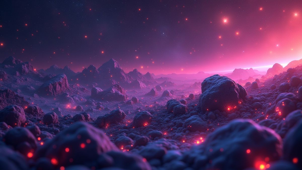 Champ d'astéroïdes colorés flottant dans l'espace.