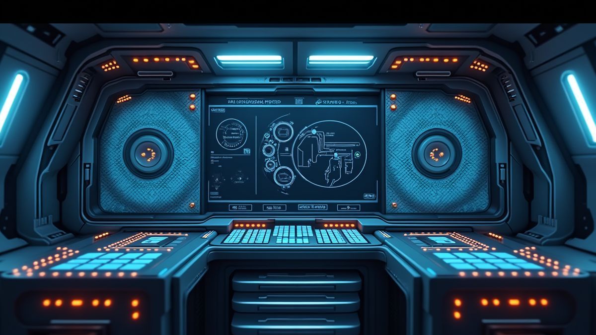 Painel de controle futurista em uma nave espacial
