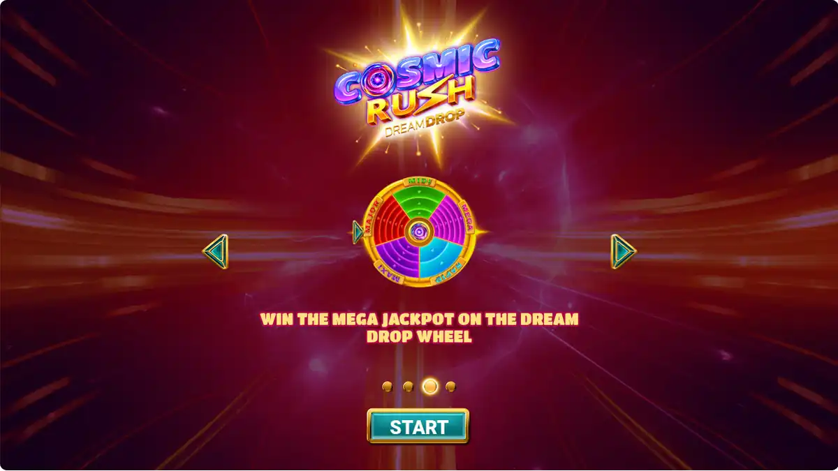 Écran d’introduction de la roue de jackpot Cosmic Rush Dream Drop