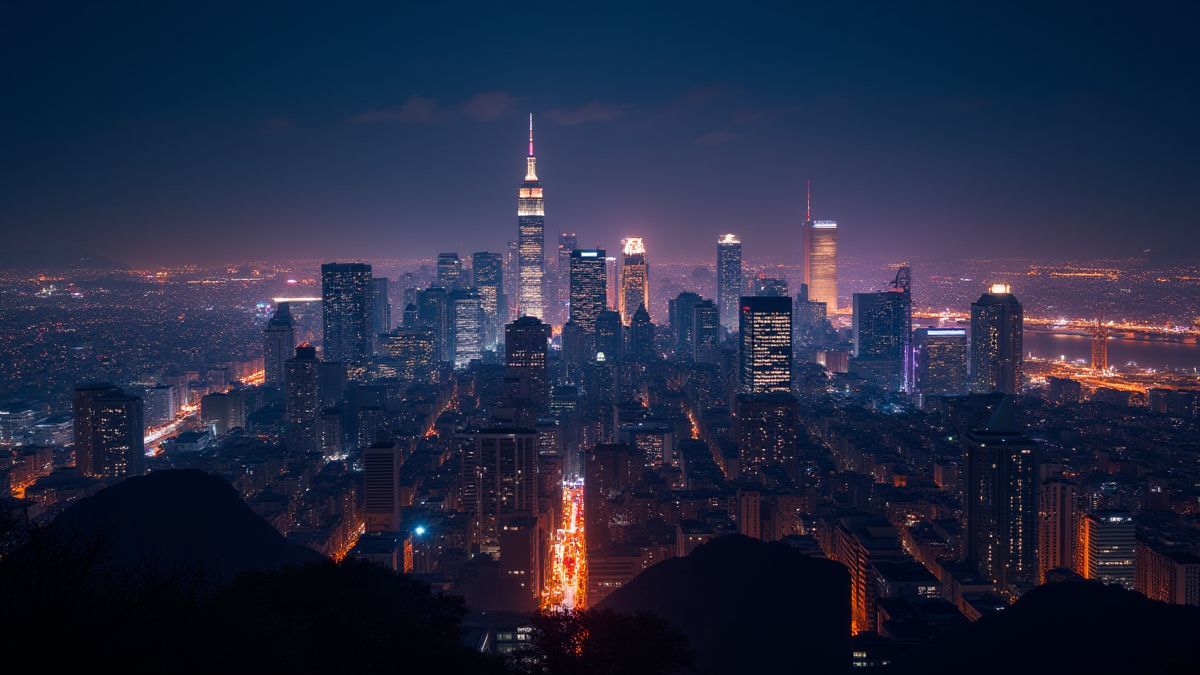 Imagen de un skyline urbano iluminado por la noche.