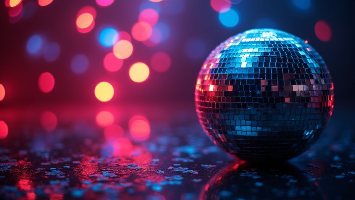 Imagen de una bola de espejos iluminada con luces coloridas.