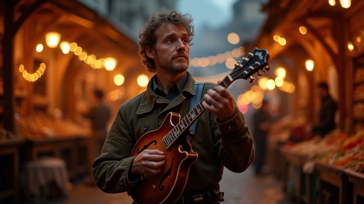 Man playing the mandolin in a medieval market