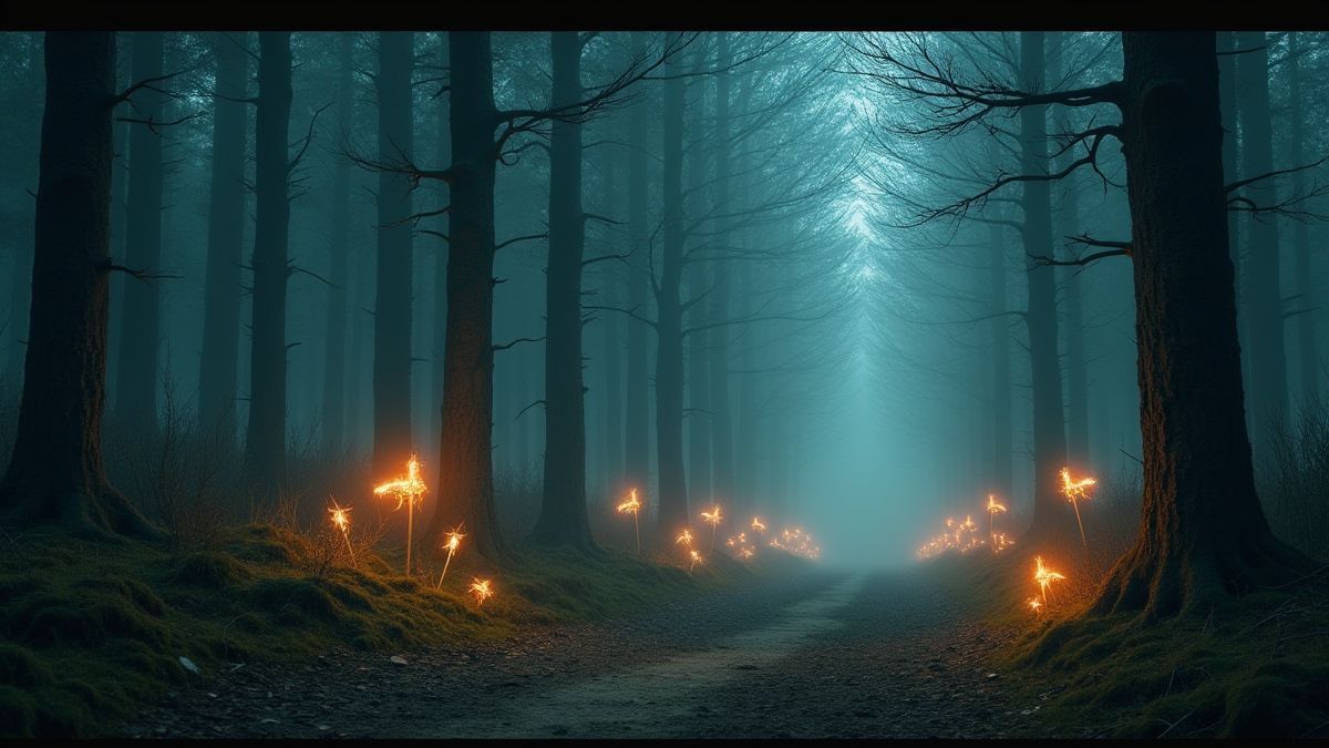 Mystical forest with Slavic elements and glowing axes.