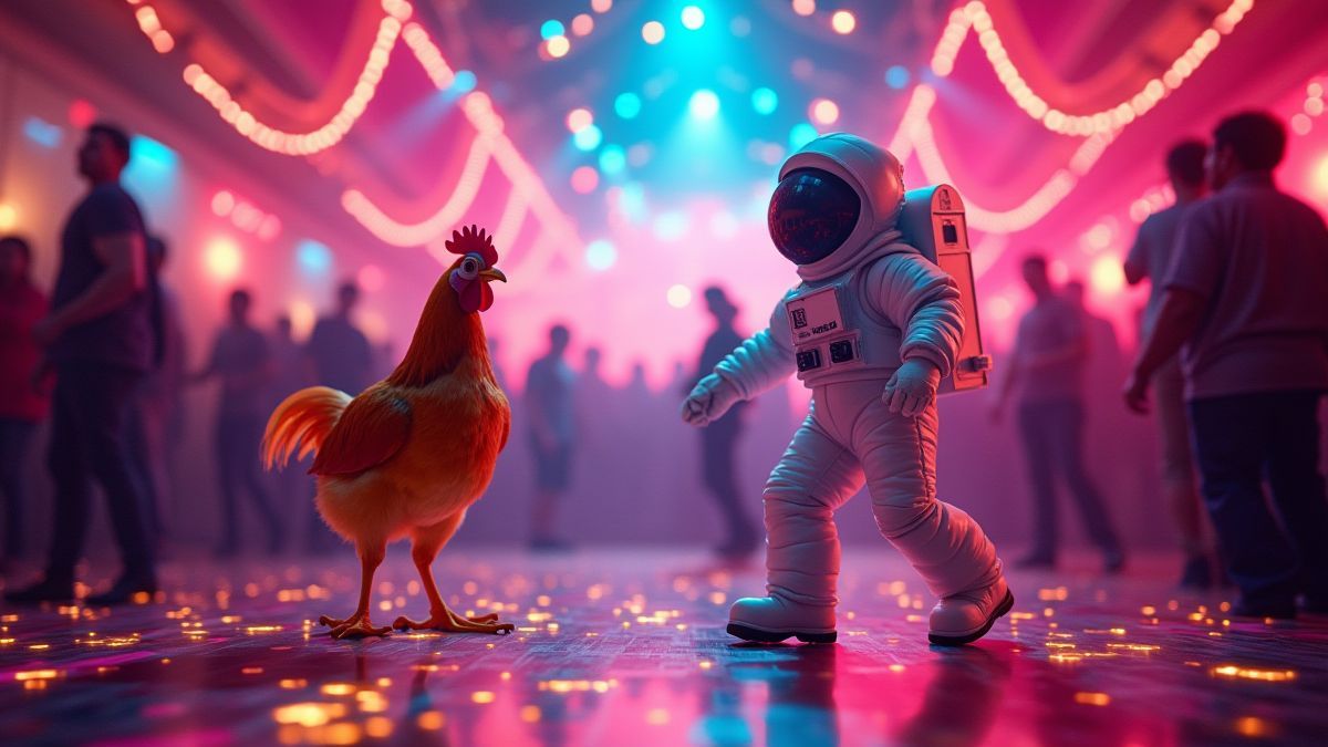 Pista de baile retro con personajes extravagantes.