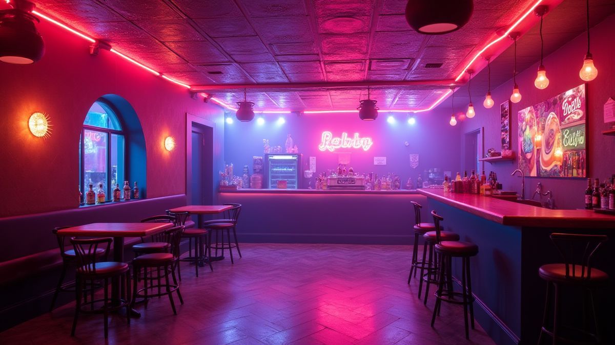 Club de disco retro con luces brillantes y decoración colorida.