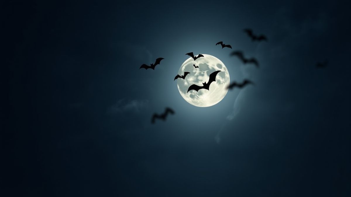 Une lune pleine avec des chauves-souris volant dans le ciel sombre.