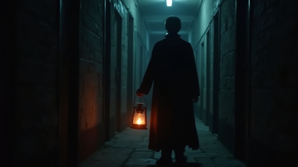 Un vampire tenant une lanterne dans un couloir sombre.