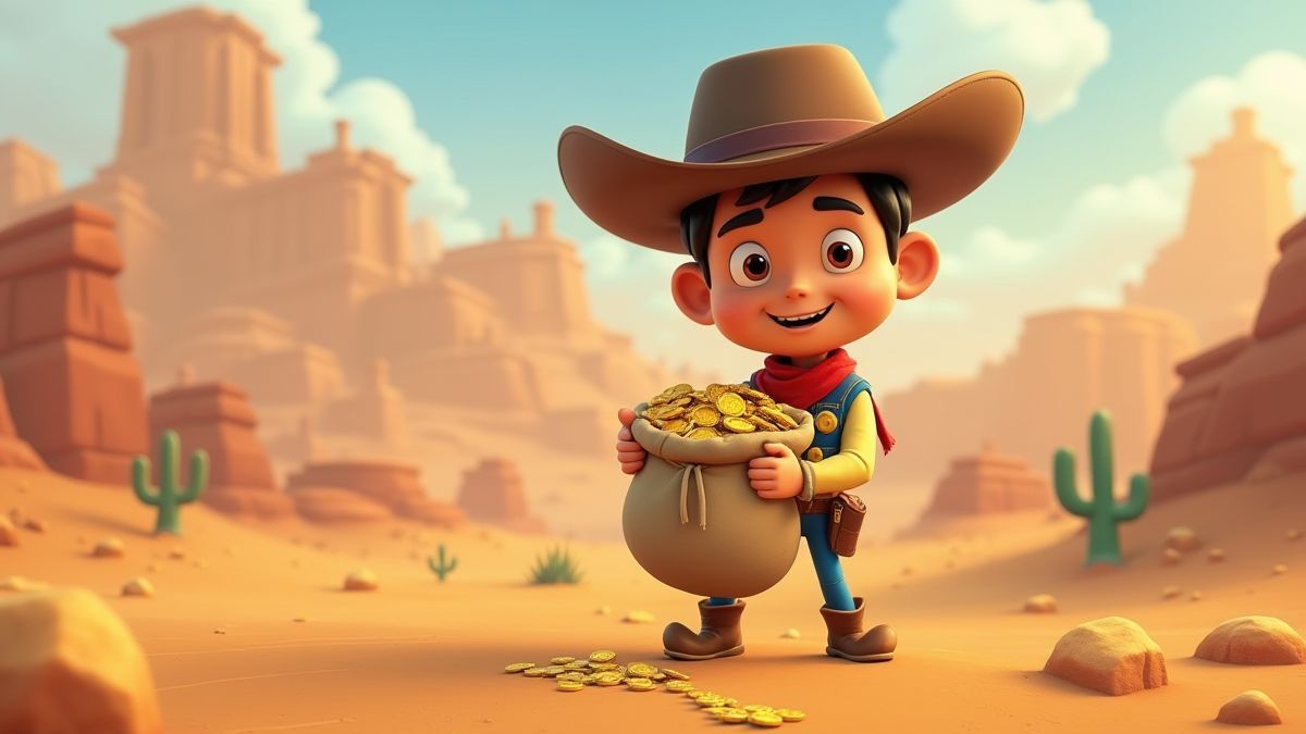 Um vaqueiro animado segurando um saco de moedas de ouro.