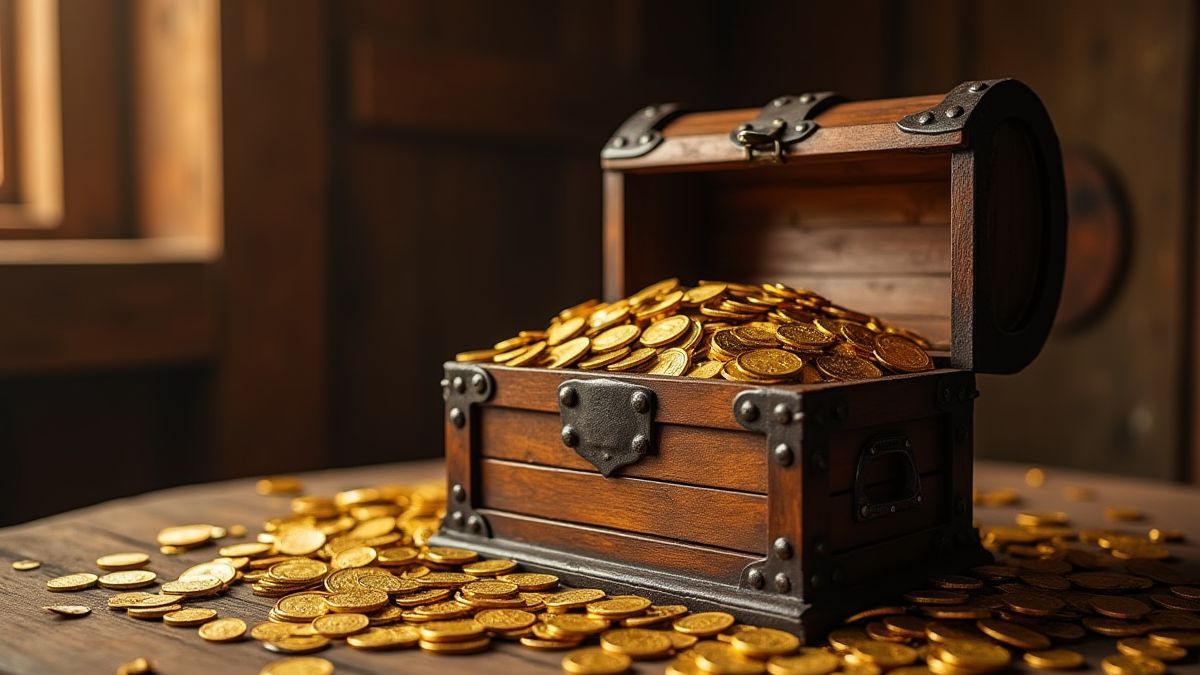 Um baú do tesouro cheio de moedas de ouro em um salão do velho oeste.