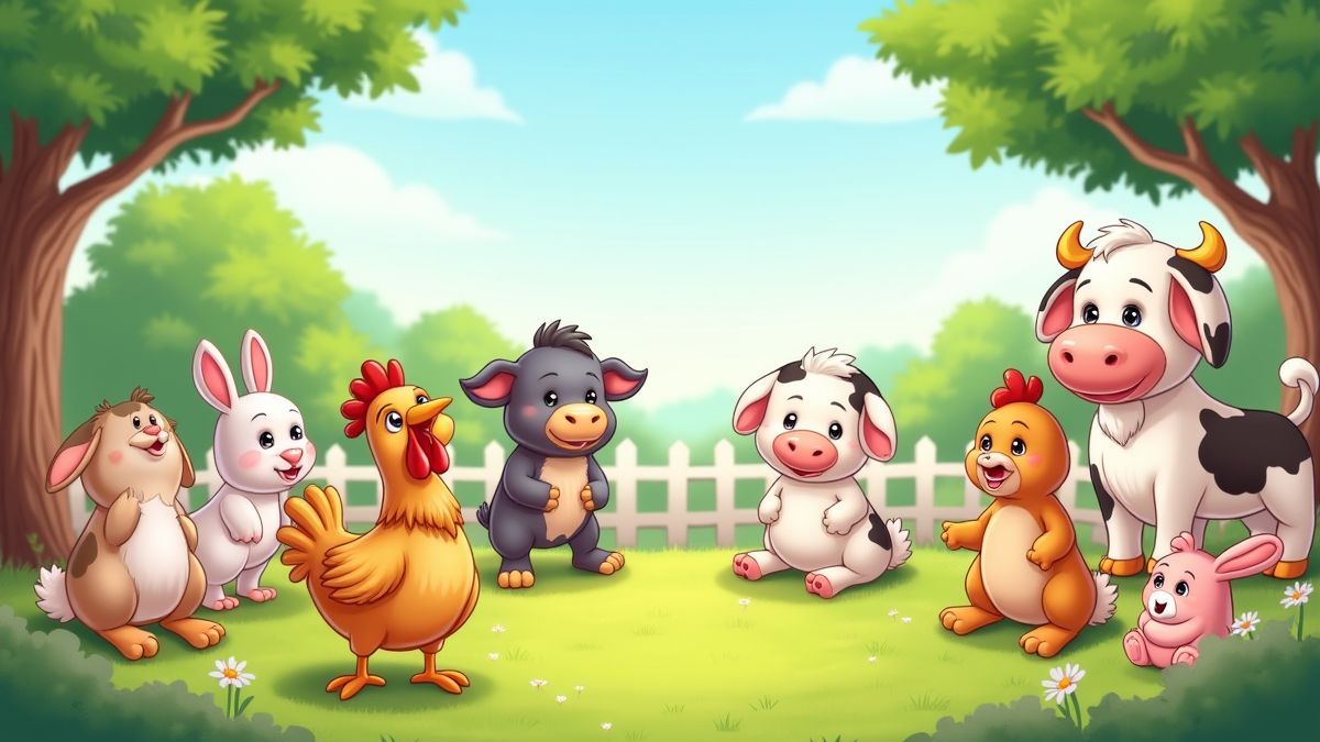 Granjas felices con animales y vegetación.