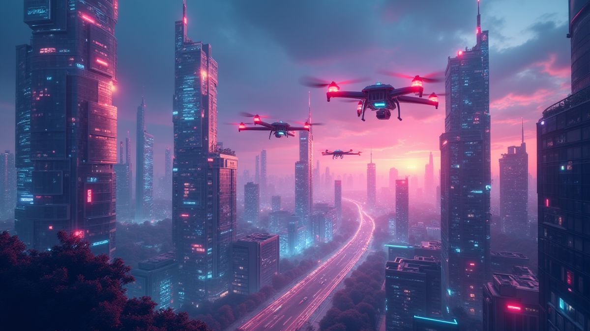 Stadt futuristisch mit beleuchteten Gebäuden und Drohnen, die Pakete ausliefern.