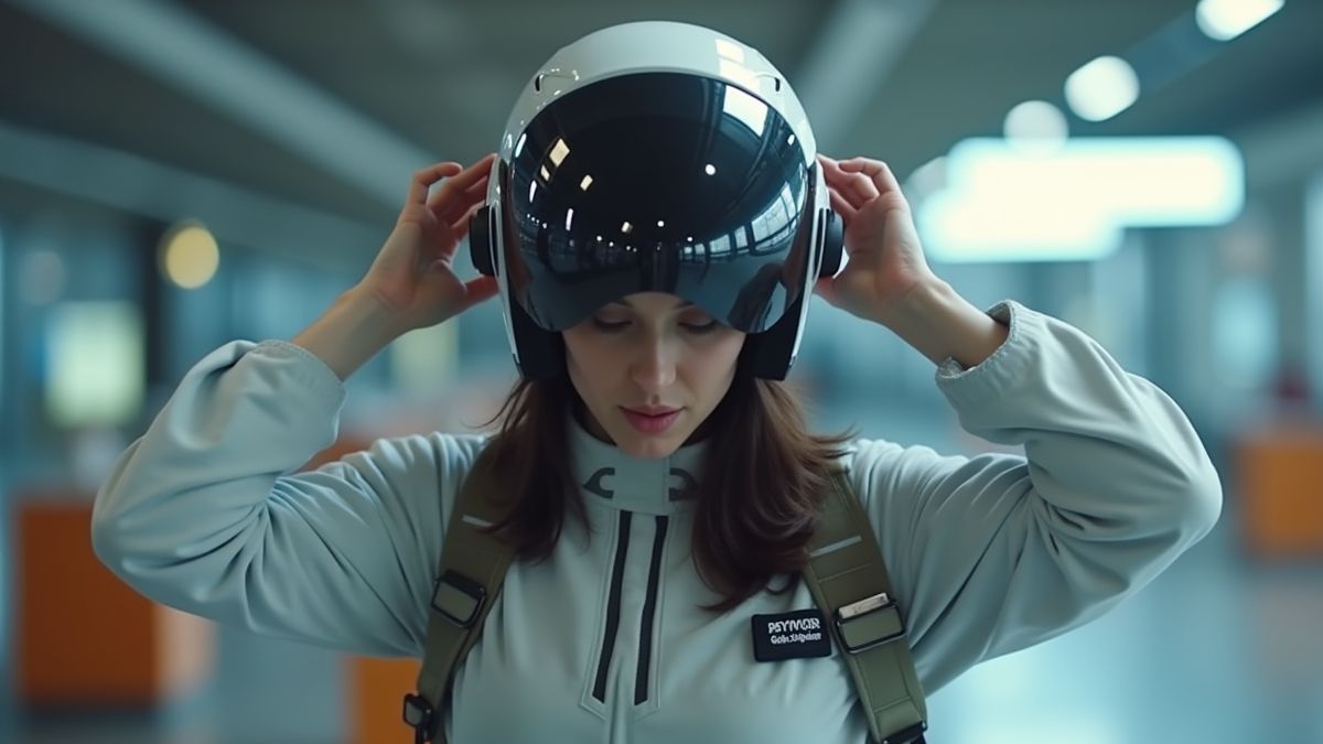 Ein Bote, der seinen futuristischen Helm anpasst, bevor er eine Hochgeschwindigkeitslieferung beginnt.