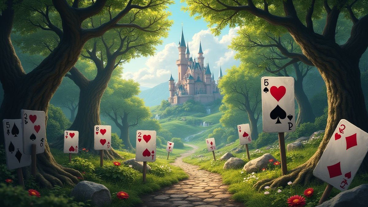 Un bosque mágico en Wonderland con personajes de cartas y un castillo al fondo.