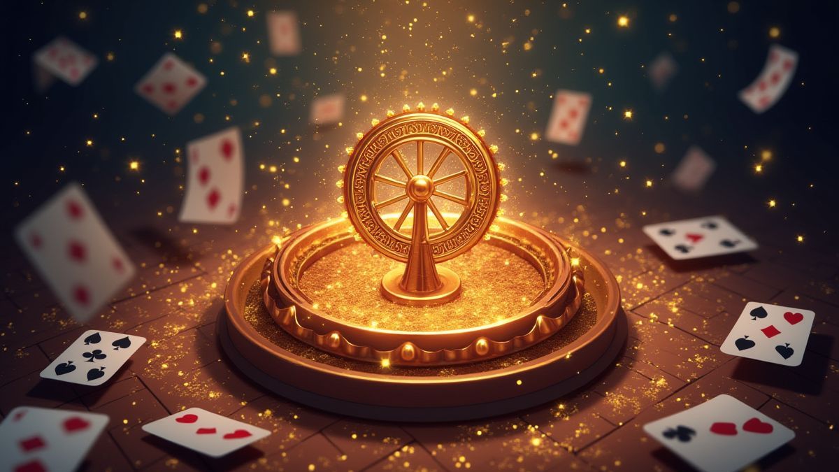 Una rueda mágica rodeada de destellos dorados y cartas de juego.