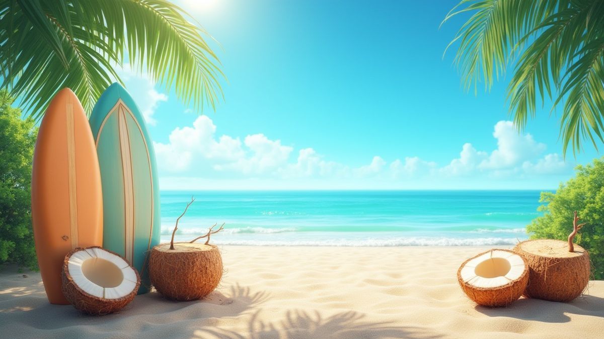 Escena playera con cocos y tablas de surf.