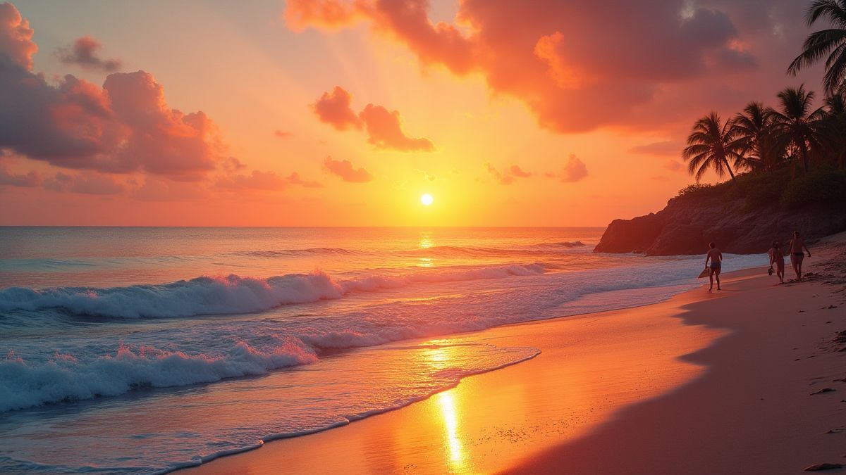Atardecer en una playa tropical con surfistas.