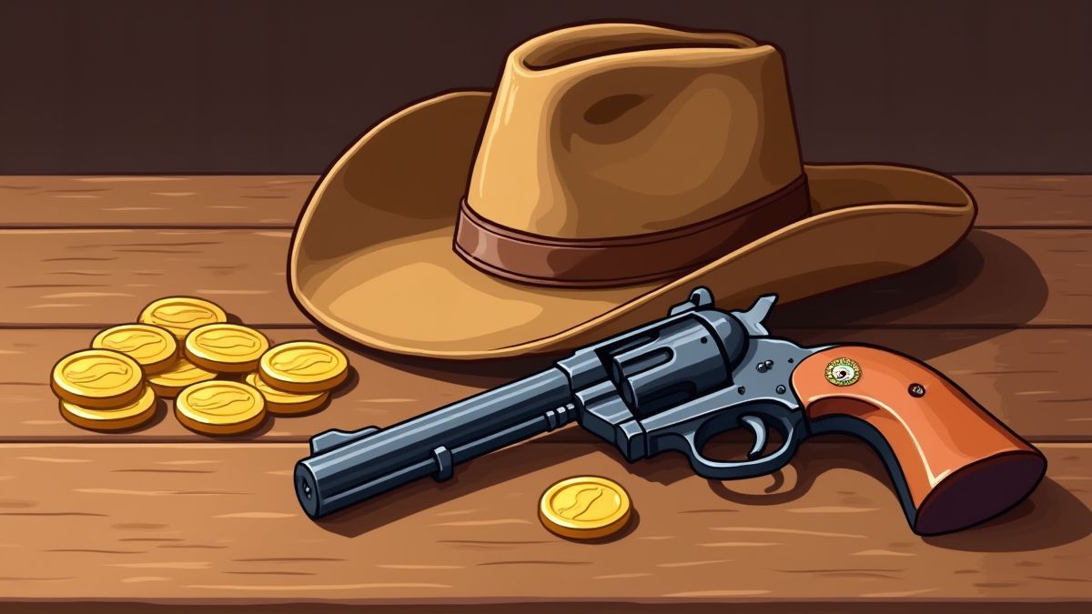 Chapeau de cow-boy et revolver sur une table en bois avec des pièces d'or.