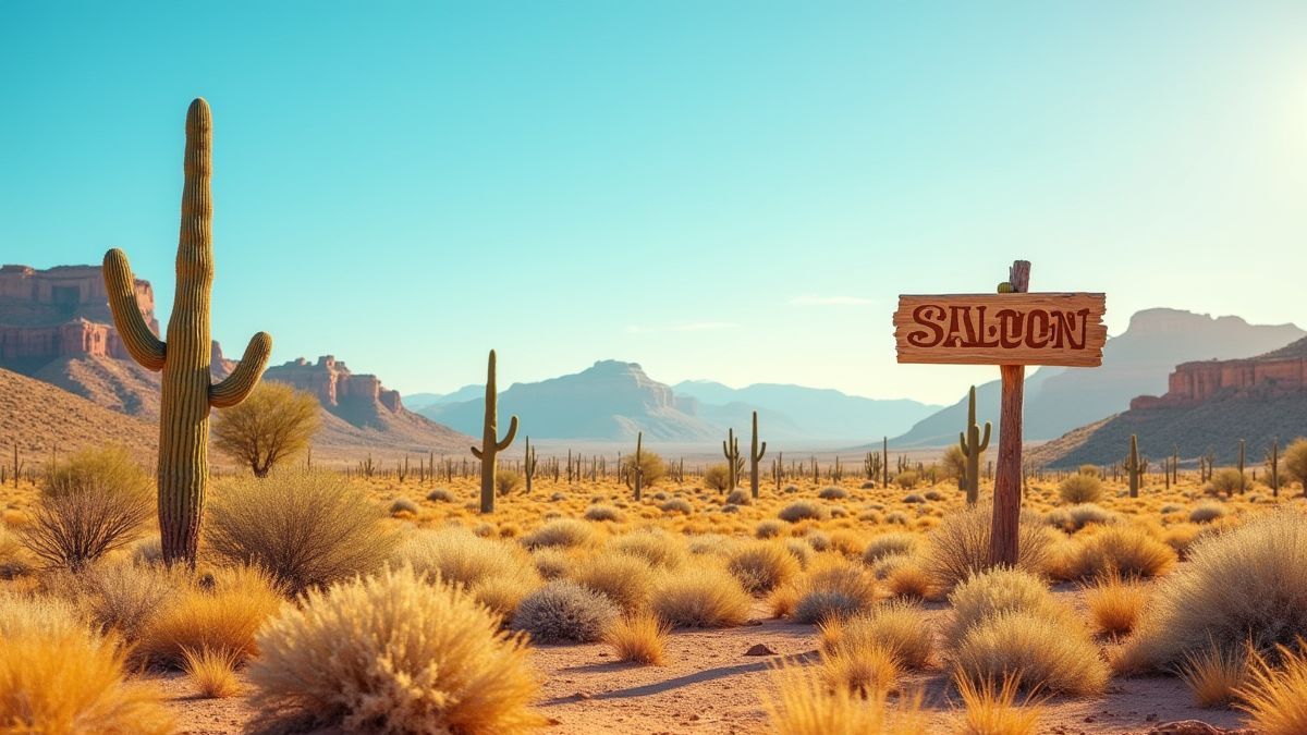 Paysage désertique doré avec cactus et un panneau de saloon en bois sous un ciel bleu.