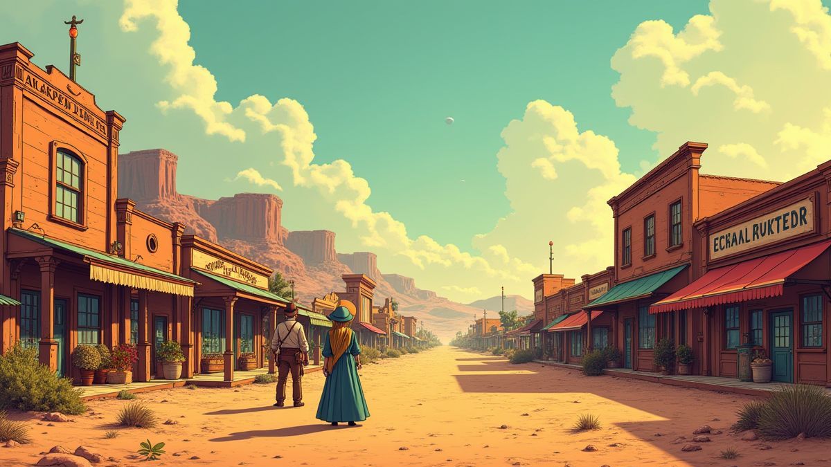 A comic-style desert town with cowboys and aliens.