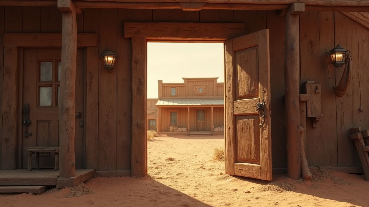 Wooden saloon door in a dusty desert town.