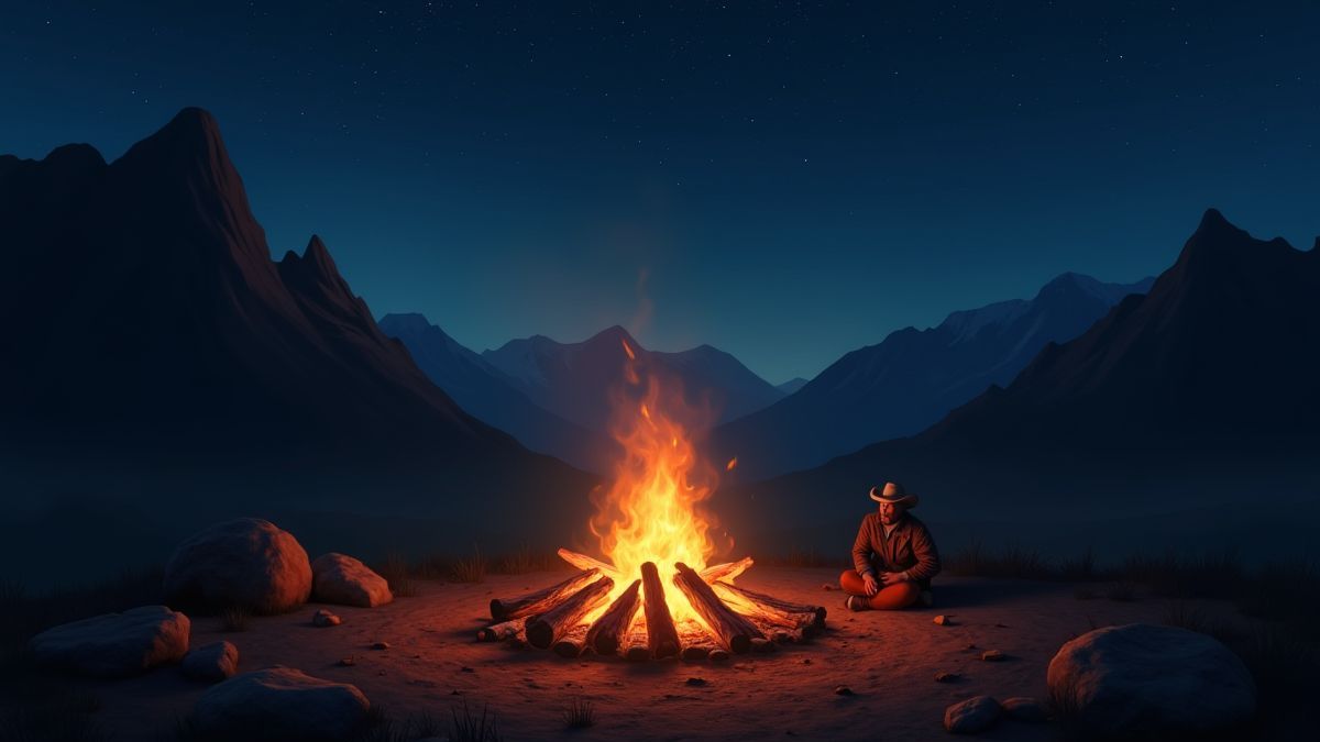 Cowboy campfire surrounded by mountains and stars at night.
