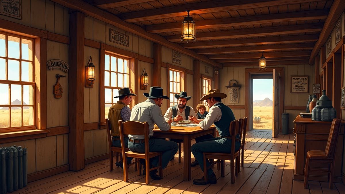 Cowboys en un salón del Salvaje Oeste jugando cartas.