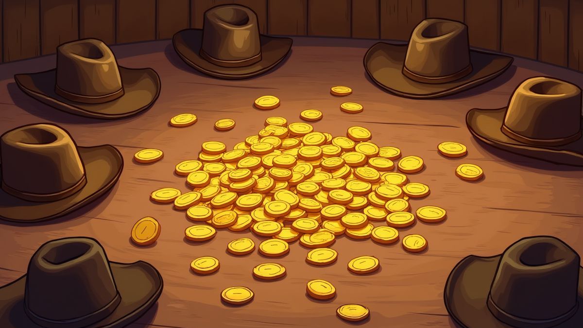 Monedas de oro y sombreros de vaquero en el suelo del salón.