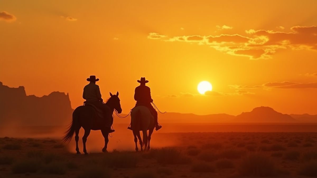 Vaqueros montando al atardecer en el desierto.