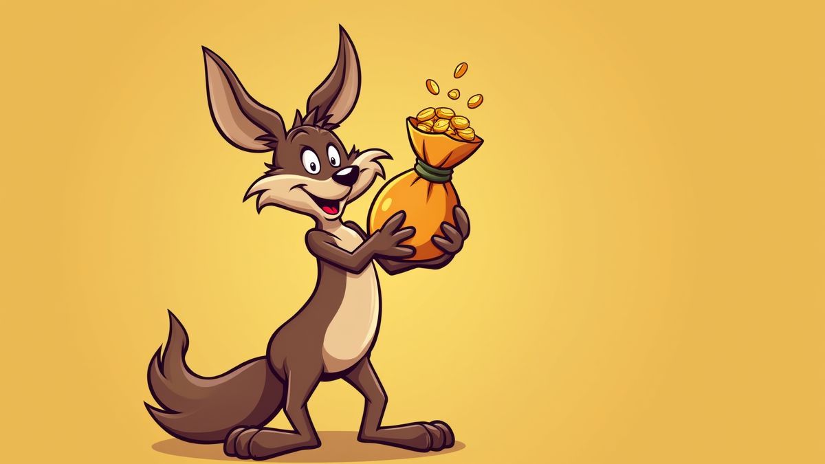Een cartoonachtige coyote die een zak met gouden munten vasthoudt.