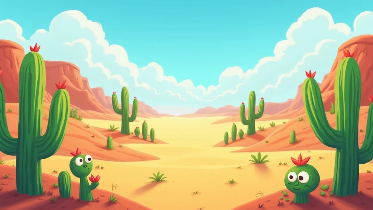 Désert coloré avec personnages animés et cactus.