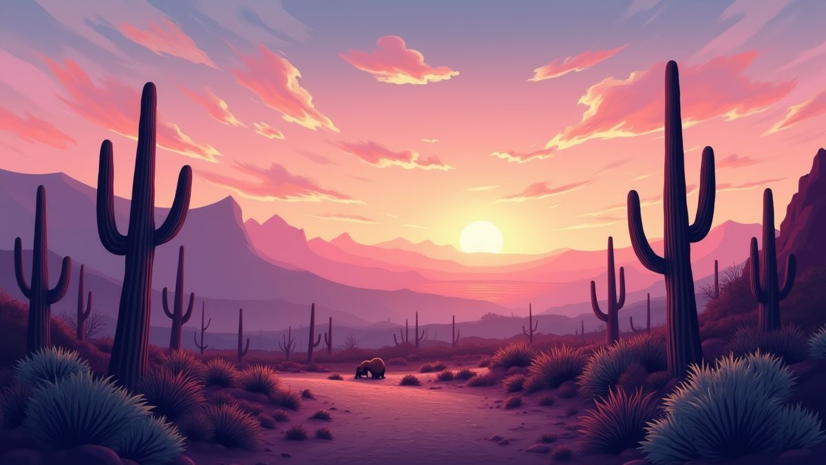 Paisaje desértico al anochecer con vida silvestre y cactus.