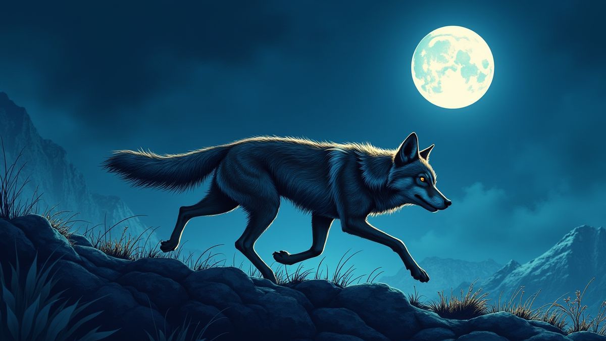 Un coyote corriendo bajo el cielo iluminado por la luna.
