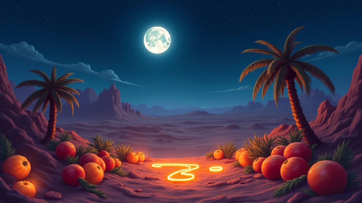 Sietes brillantes y frutas bajo la luna del desierto.