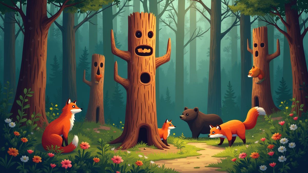 Un bosque con tótems tallados y animales salvajes como zorros y osos.