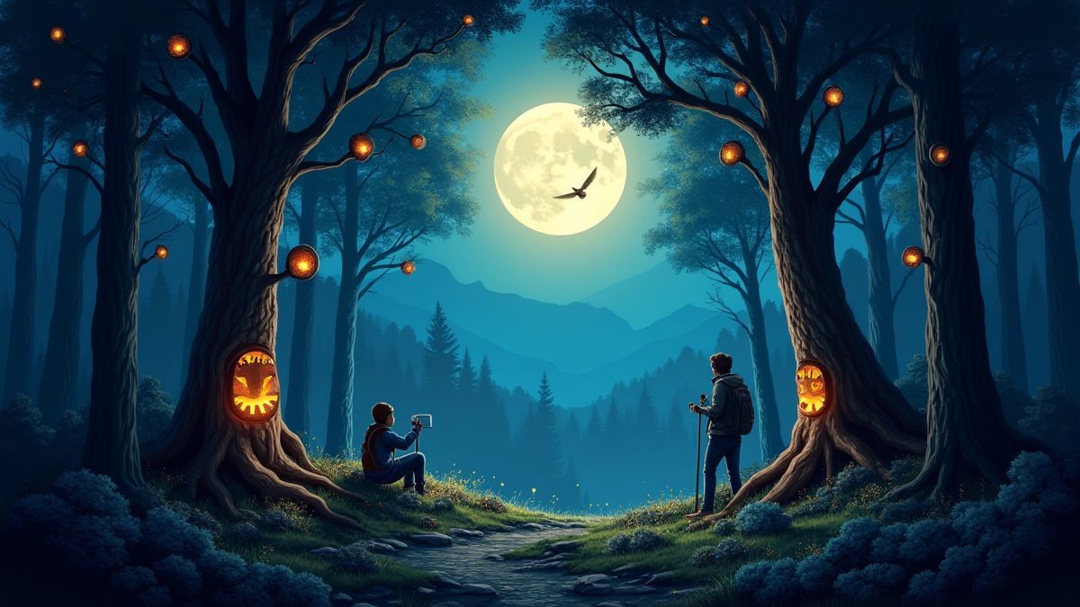 Un bosque místico iluminado por la luna con animales salvajes y tallas nativas.