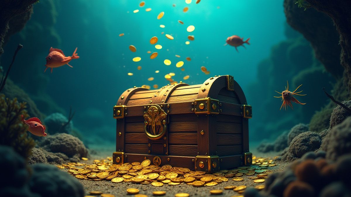 Ein Schatztruhe umgeben von Goldmünzen und Meereslebewesen.