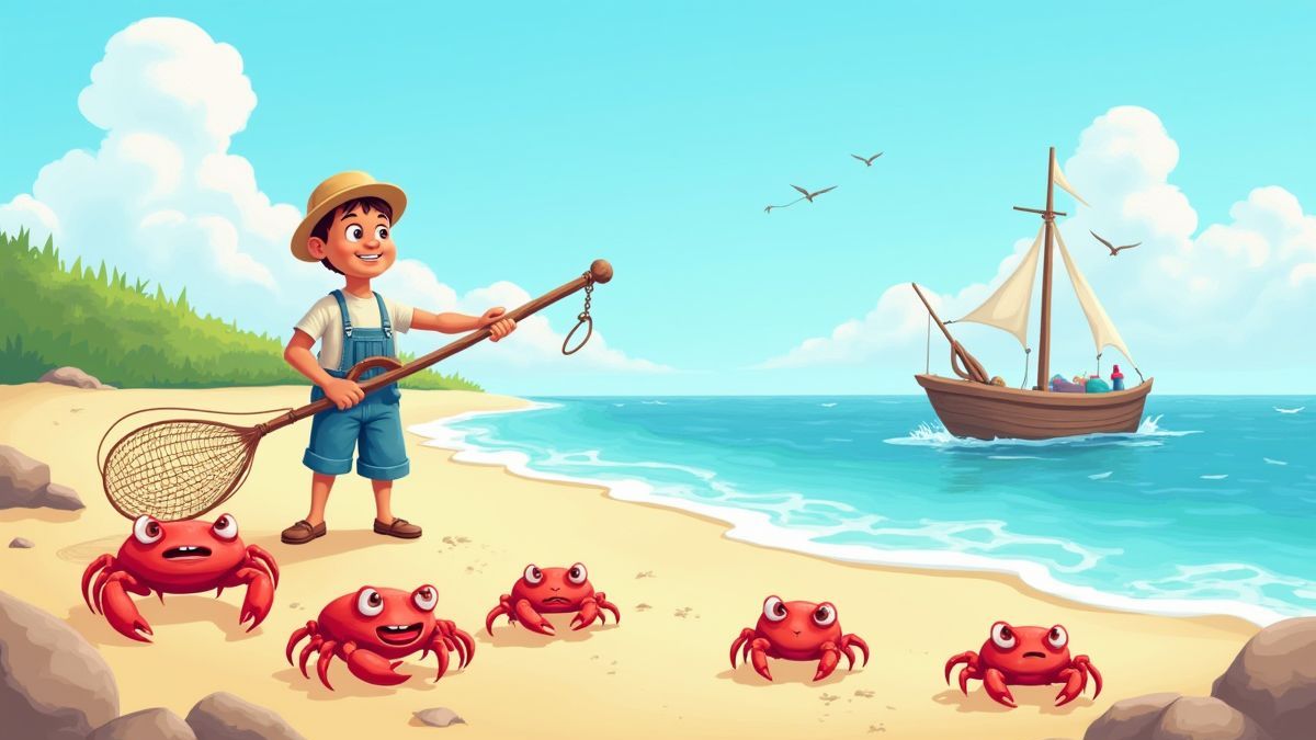 Une scène de plage vibrante avec des crabes et un pêcheur tenant un filet.