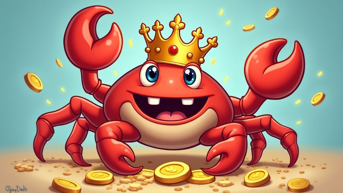 Un crabe avec couronne entouré de pièces dorées.