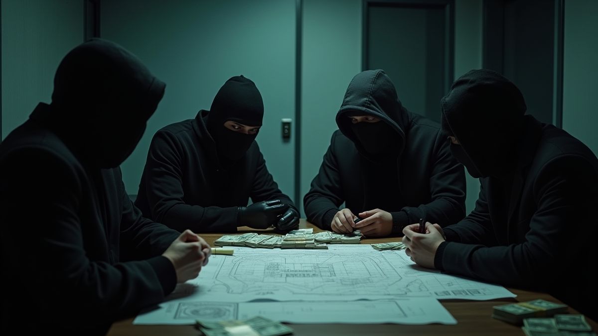 Un equipo de ladrones planificando un atraco en una sala poco iluminada.