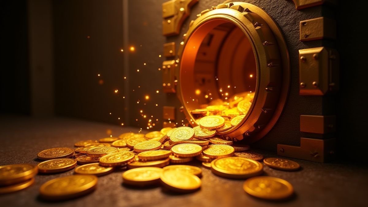 Monedas doradas saliendo de una bóveda con efectos brillantes.