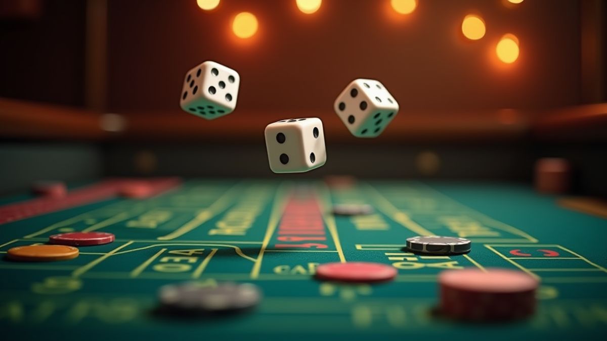Craps table with dice in motion and chips