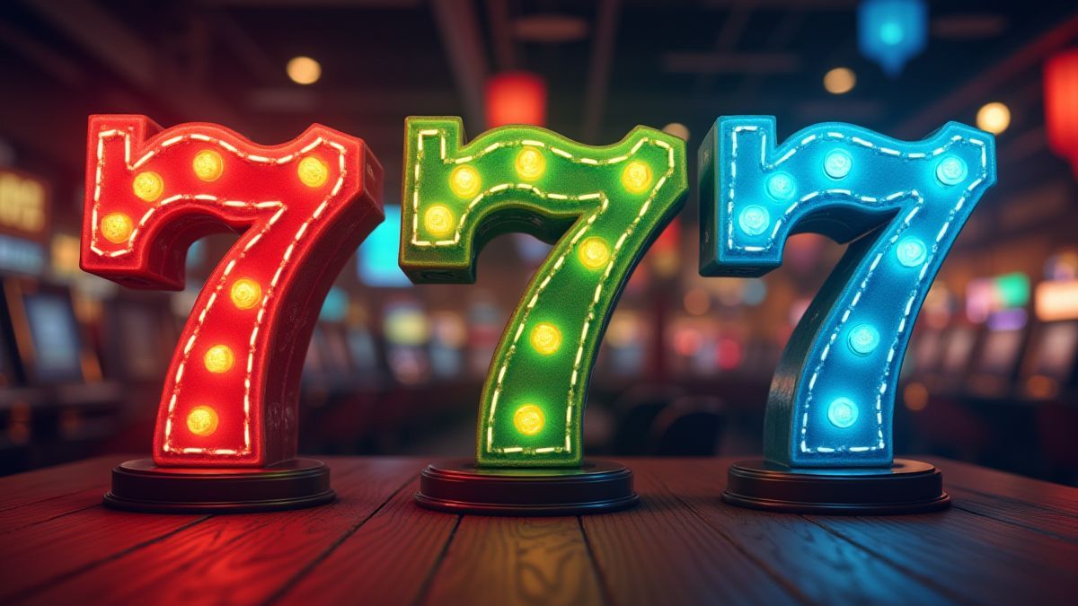 Illustration of a retro casino with colorful sevens.