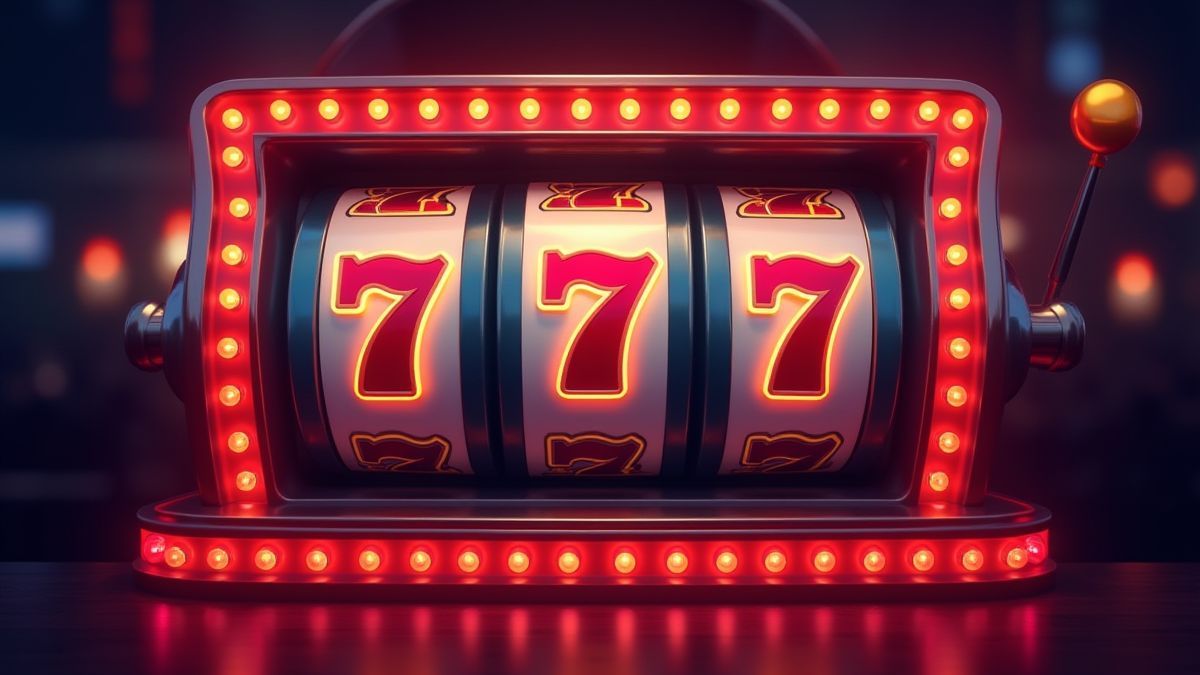 Retro slot machine with bright sevens.