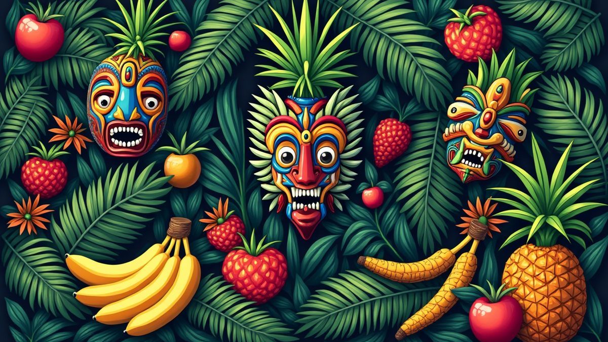 A colorful jungle with tropical fruits and tribal masks.
