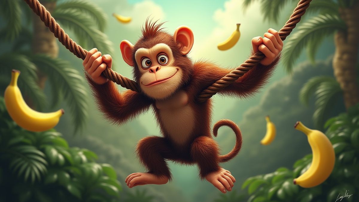 A mischievous monkey pulling ropes in a bonus game.
