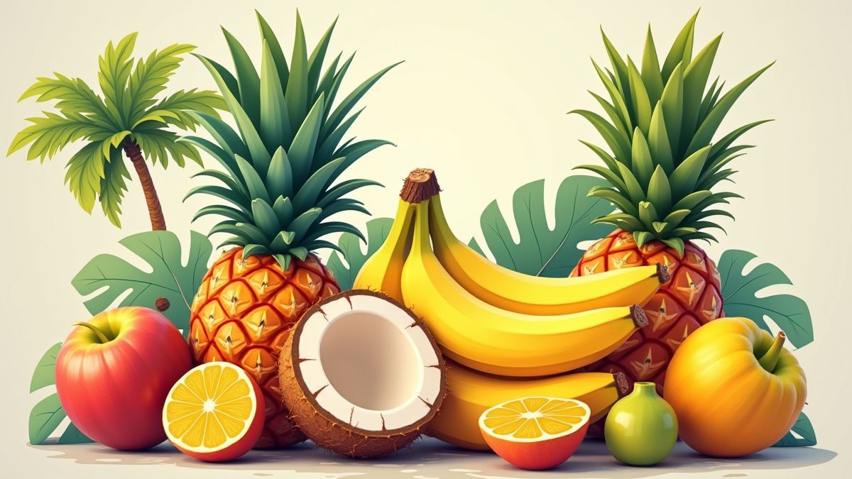 Tropische Früchte wie Bananen, Kokosnüsse und Ananas.