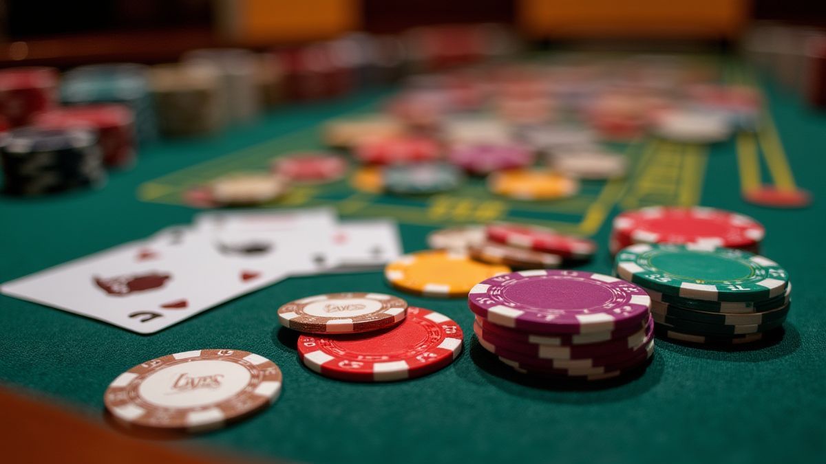 Casino tafel met fiches en kaarten verspreid.