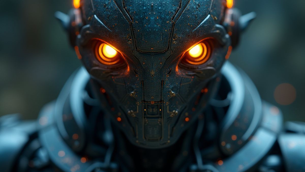 Nahaufnahme eines futuristischen Roboters mit leuchtenden Augen.
