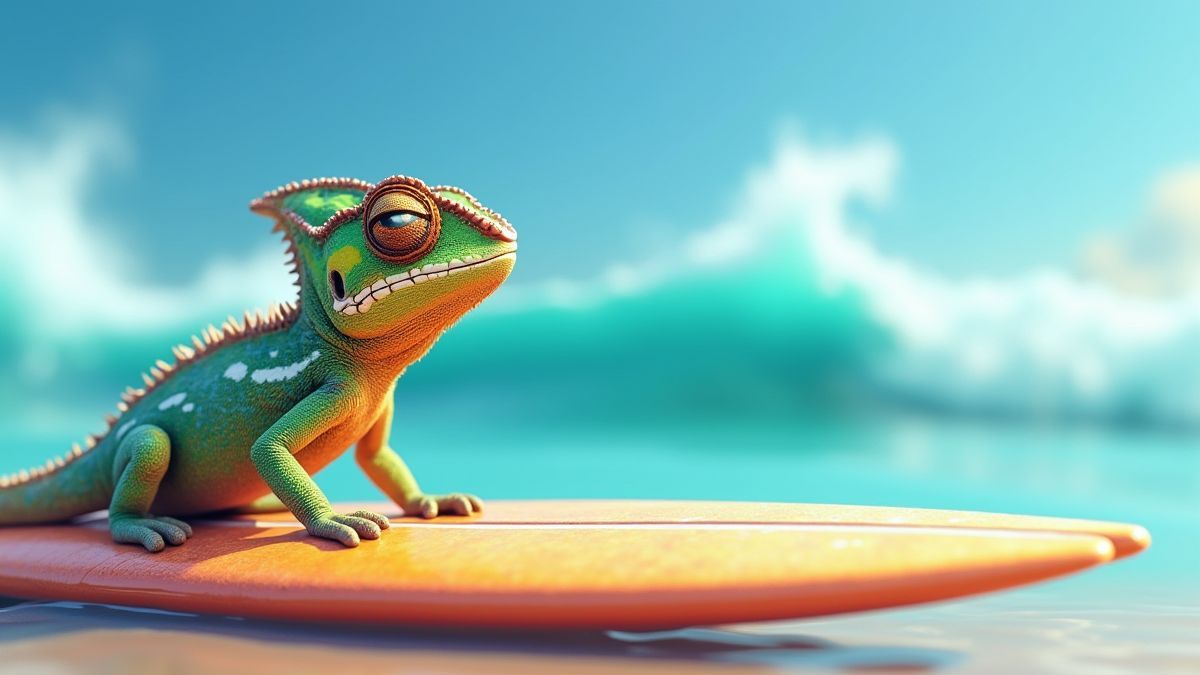 Caméléon coloré sur une planche de surf avec des vagues en arrière-plan.