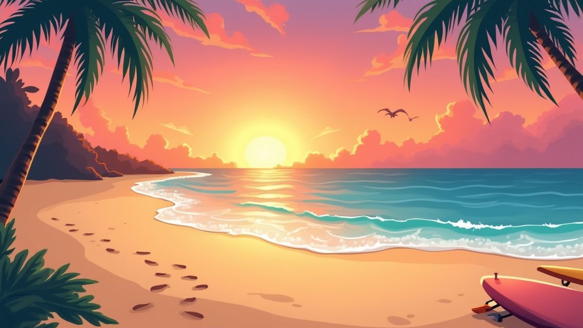 Coucher de soleil sur une plage tropicale avec une planche de surf et des empreintes dans le sable.